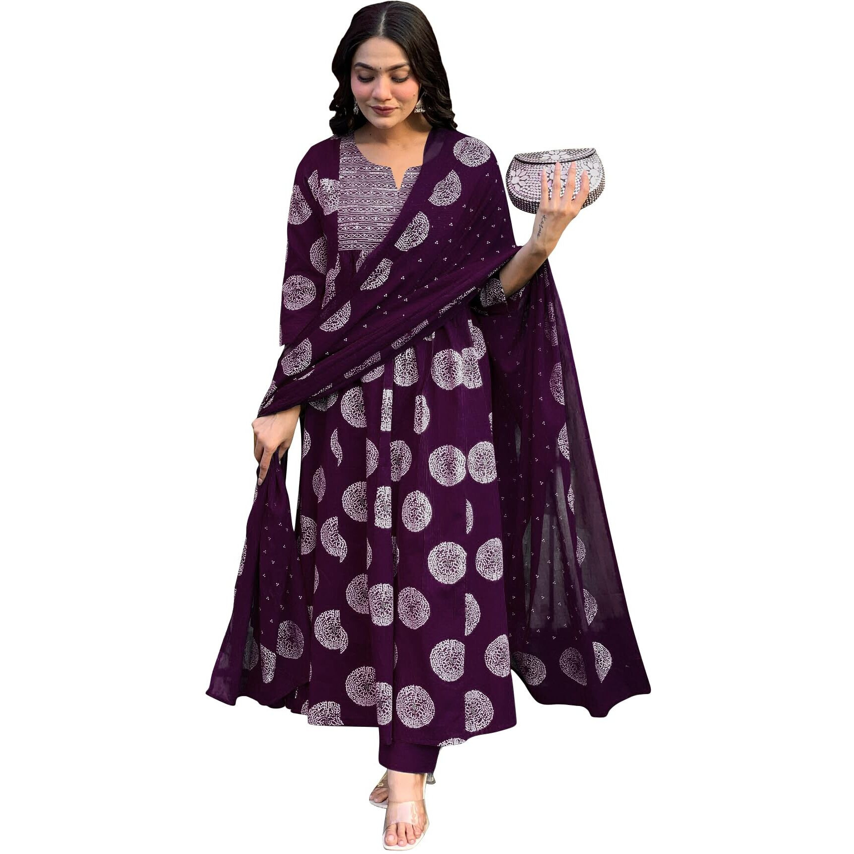 Toochki Women's Rayon Viscose Anarkali Printed Kurta With Palazzo & Dupatta Wine