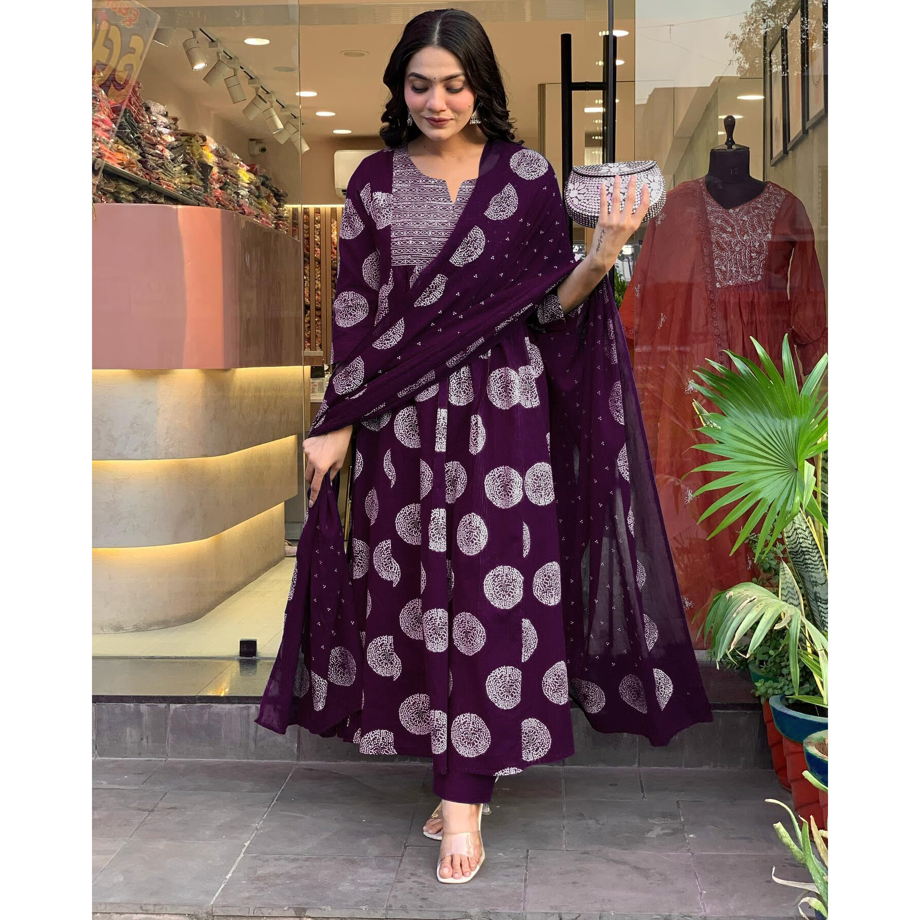 Toochki Women's Rayon Viscose Anarkali Printed Kurta With Palazzo & Dupatta Wine