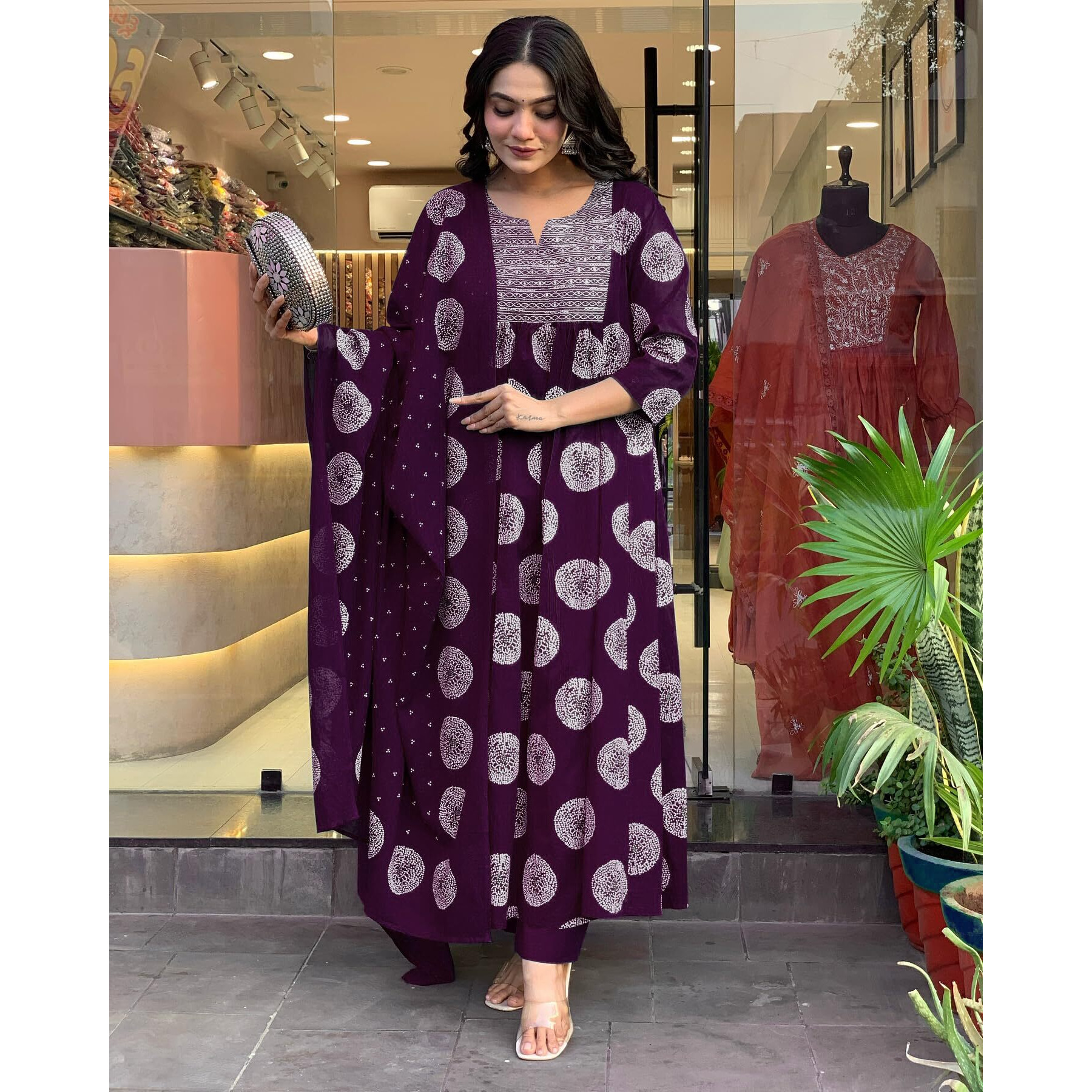 Toochki Women's Rayon Viscose Anarkali Printed Kurta With Palazzo & Dupatta Wine