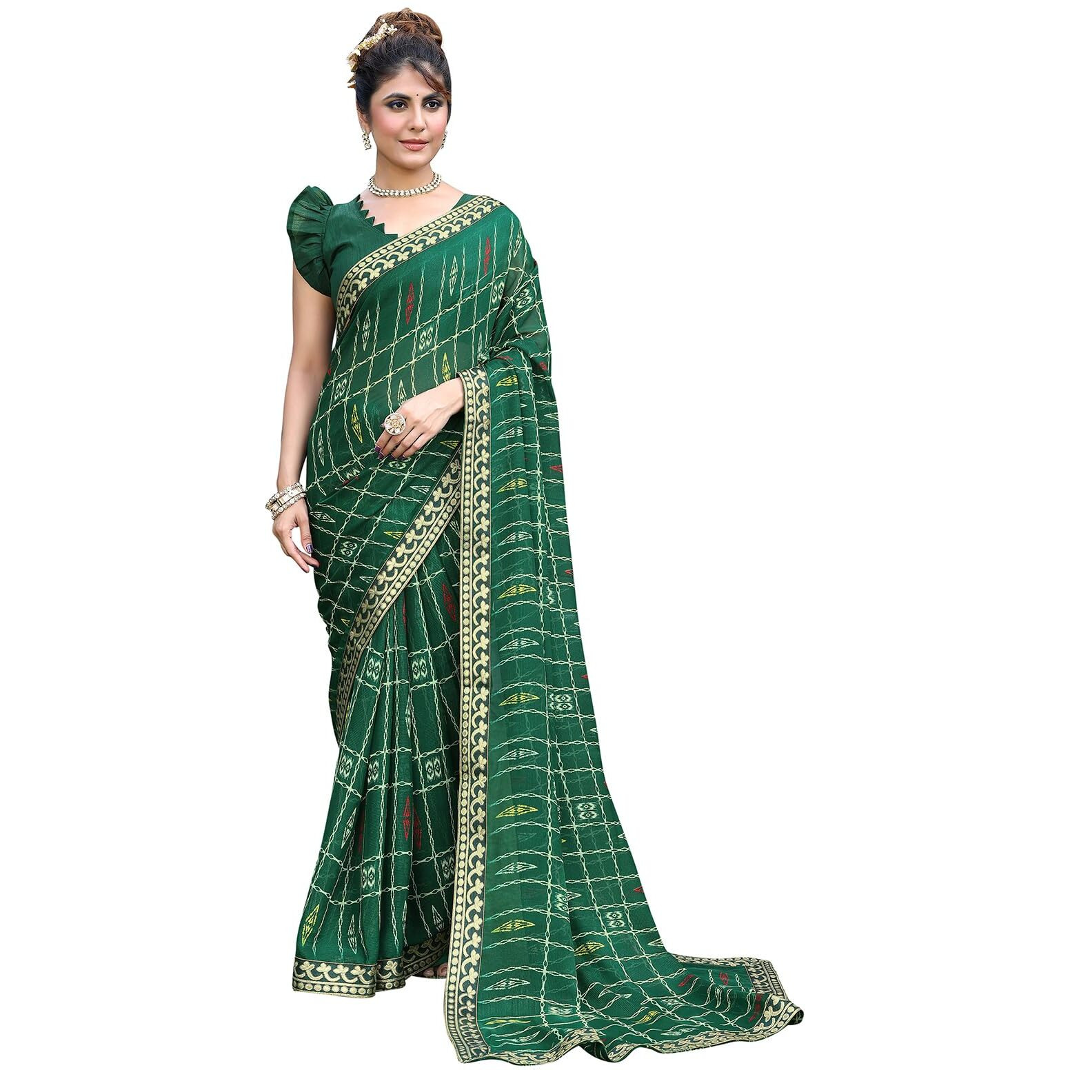 Yashika Womens Georgette Saree With Lace Border | Lightweight Geometric Digital Printed Saree For Women (Az-Ys-P1-Jaynti Green)