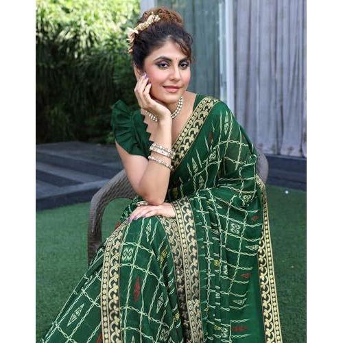 Yashika Womens Georgette Saree With Lace Border | Lightweight Geometric Digital Printed Saree For Women (Az-Ys-P1-Jaynti Green)