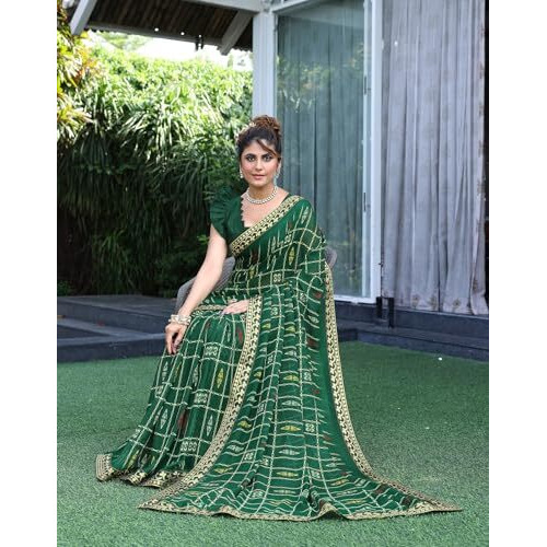 Yashika Womens Georgette Saree With Lace Border | Lightweight Geometric Digital Printed Saree For Women (Az-Ys-P1-Jaynti Green)
