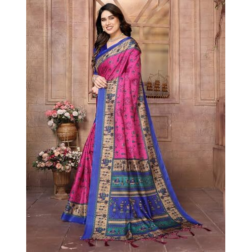 Yashika Women's Printed Kalamkari Art Silk Saree With Tassels And Unstitched Blouse Material (Az-Ys-P2-Soorvi Pink Jhalar)