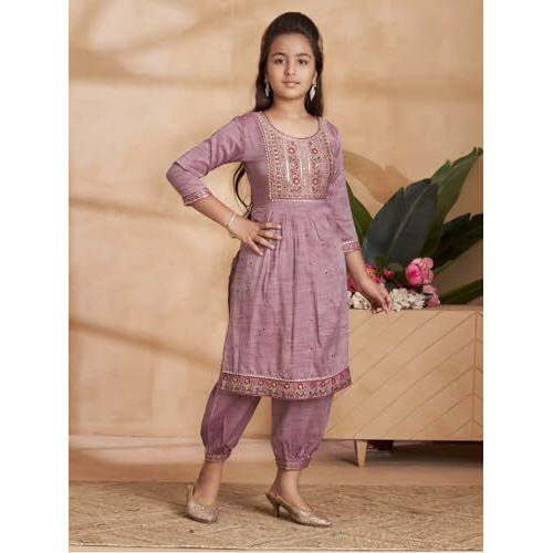 Aarika Girls Ethnic Wear Wine Colour Sequin Thread Embroidery Kurti Patiala Set-(4-13 Years)-(Pt-Tr-K-1063-Wine-38)