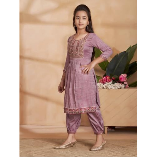 Aarika Girls Ethnic Wear Wine Colour Sequin Thread Embroidery Kurti Patiala Set-(4-13 Years)-(Pt-Tr-K-1063-Wine-38)
