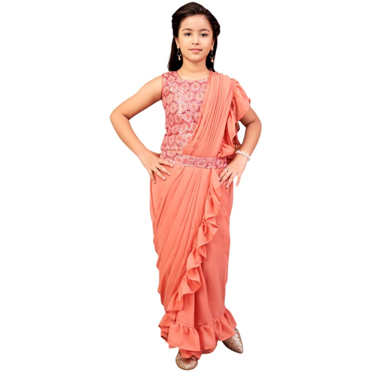 Aarika Girls Ethnic Wear Peach Colour Sequin Embroidery Georgette Lehenga Choli Set With Attached Dupatta-4-13 Years (Lch-Shm-5014)