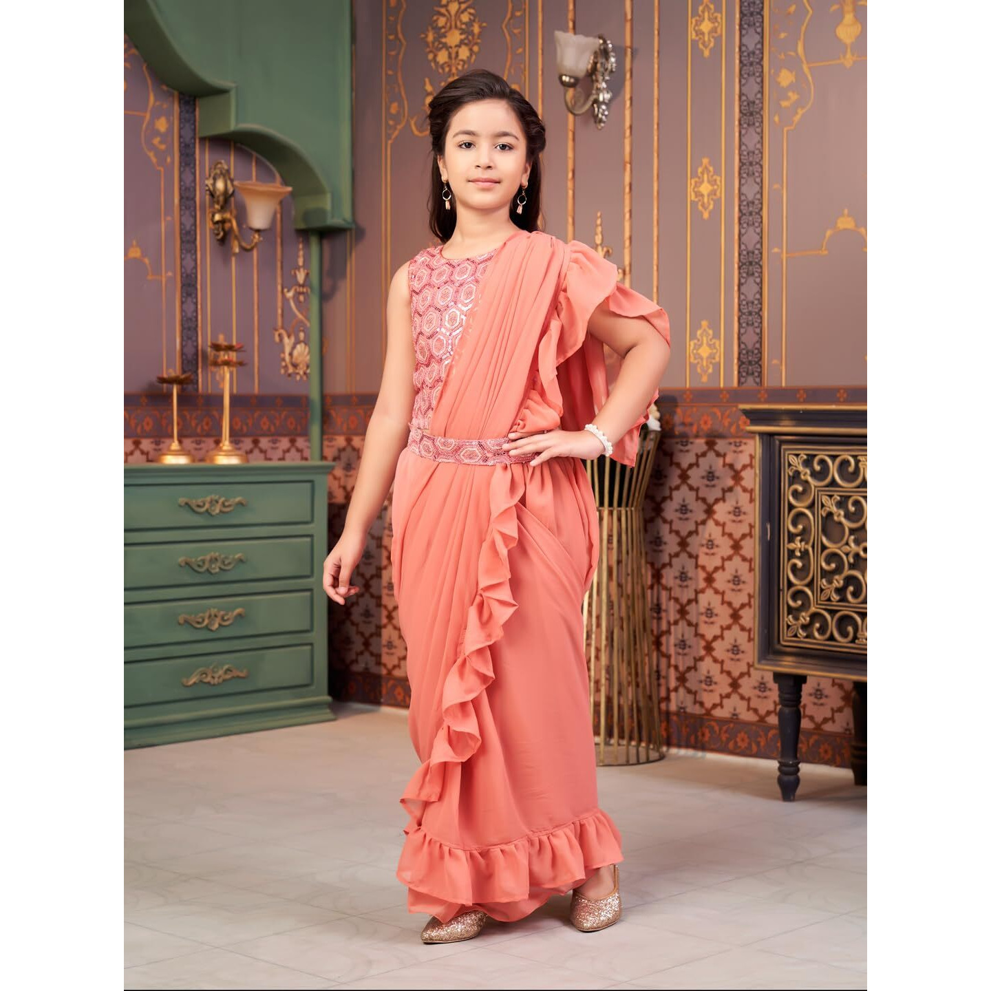 Aarika Girls Ethnic Wear Peach Colour Sequin Embroidery Georgette Lehenga Choli Set With Attached Dupatta-4-13 Years (Lch-Shm-5014)