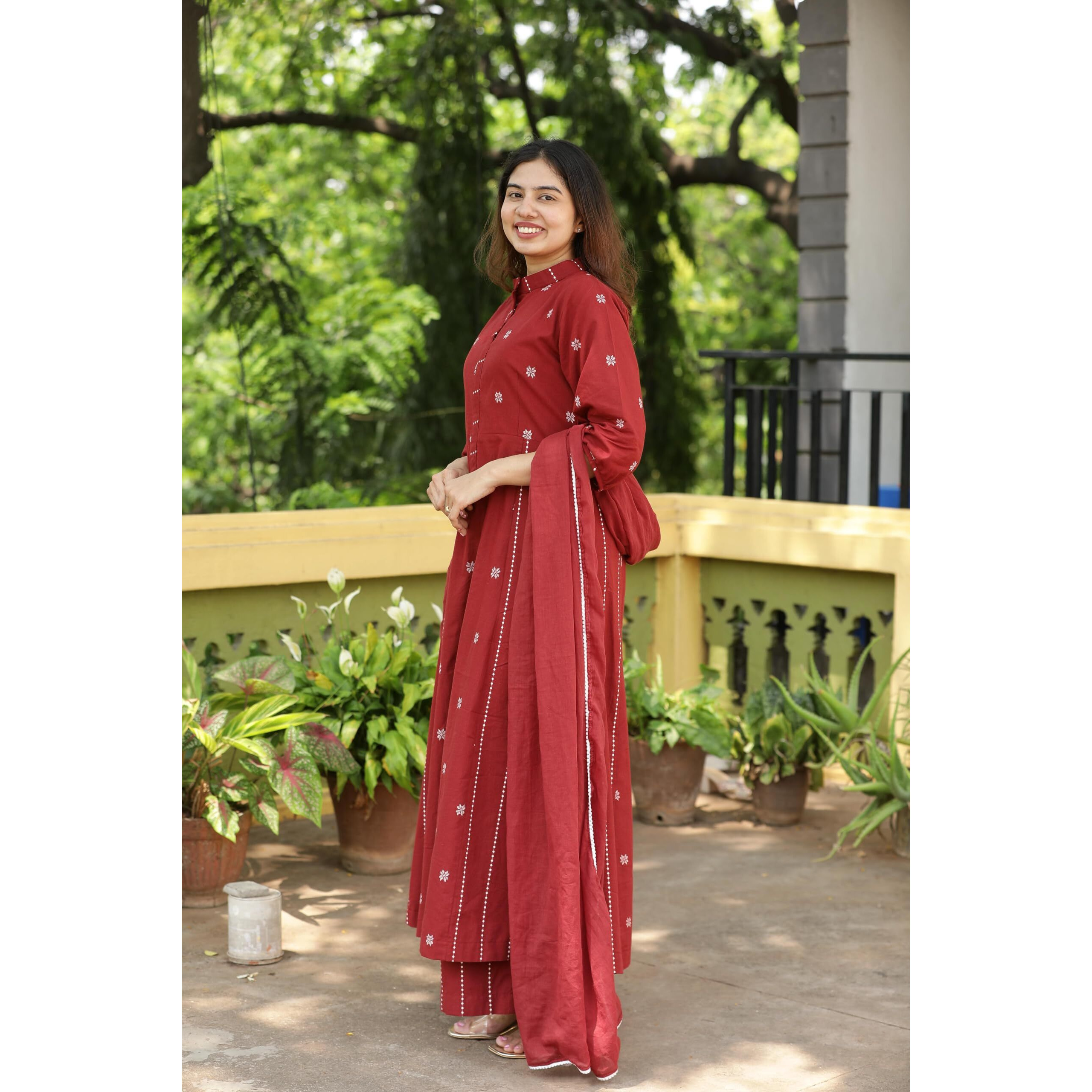 Anni Designer Women's Rayon Viscose A-Line Printed Kurta With Palazzo & Dupatta (Tarini Red_Xl_Red_X-Large)