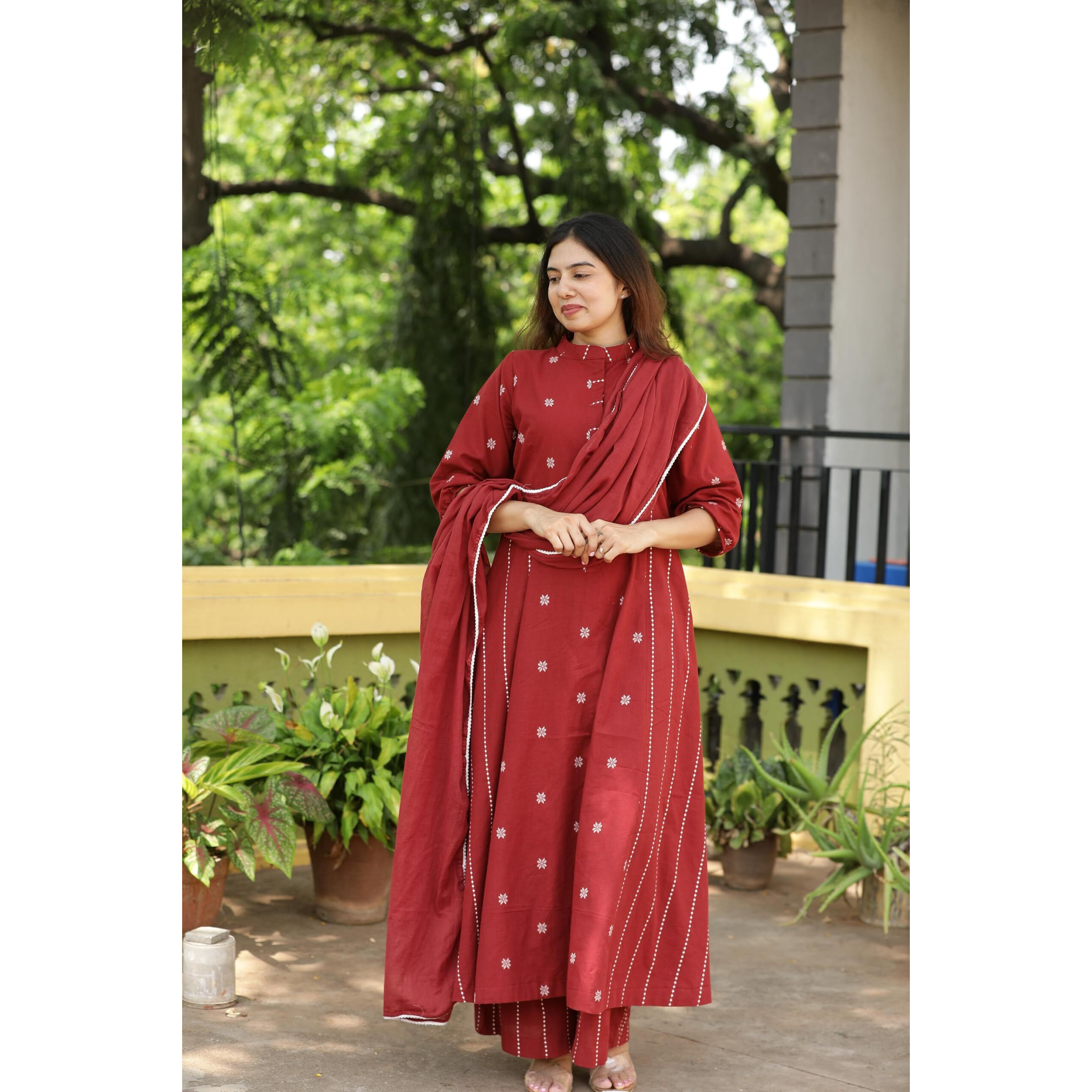 Anni Designer Women's Rayon Viscose A-Line Printed Kurta With Palazzo & Dupatta (Tarini Red_Xl_Red_X-Large)