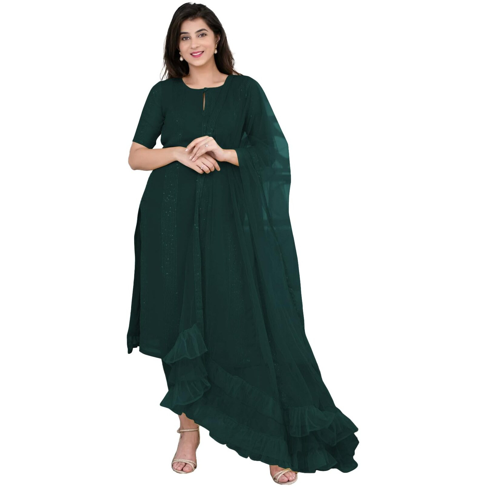 Fashion Basket Georgette Red Kurta Set With Dupatta For Women (In, Alpha, Xl, Regular, Green)