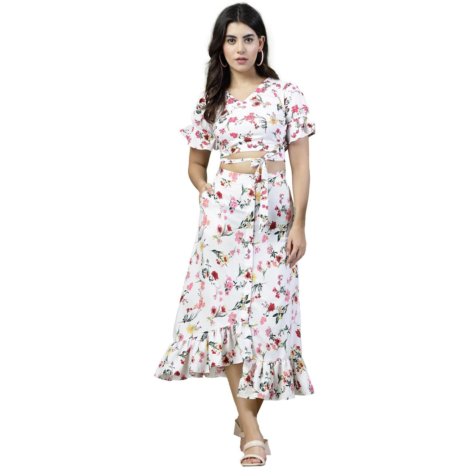 Oomph Crepe Crop Top And Skirt Set For Women, White - Coord_Mt886Msk194