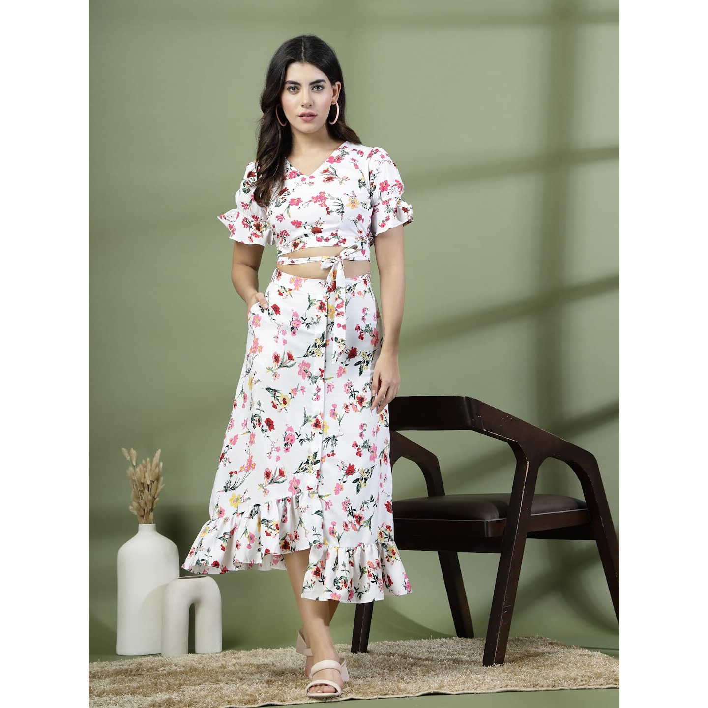 Oomph Crepe Crop Top And Skirt Set For Women, White - Coord_Mt886Msk194