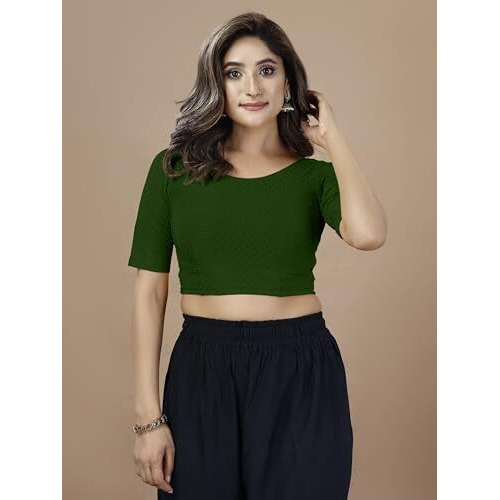 Oomph Women's Indian Ethnic Wear Designer Shapes Pattern Boat Neck Half Sleeve Forest Green Color Lycra Readymade Blouse For Saree Or Lehnga And Fusion Twist. M