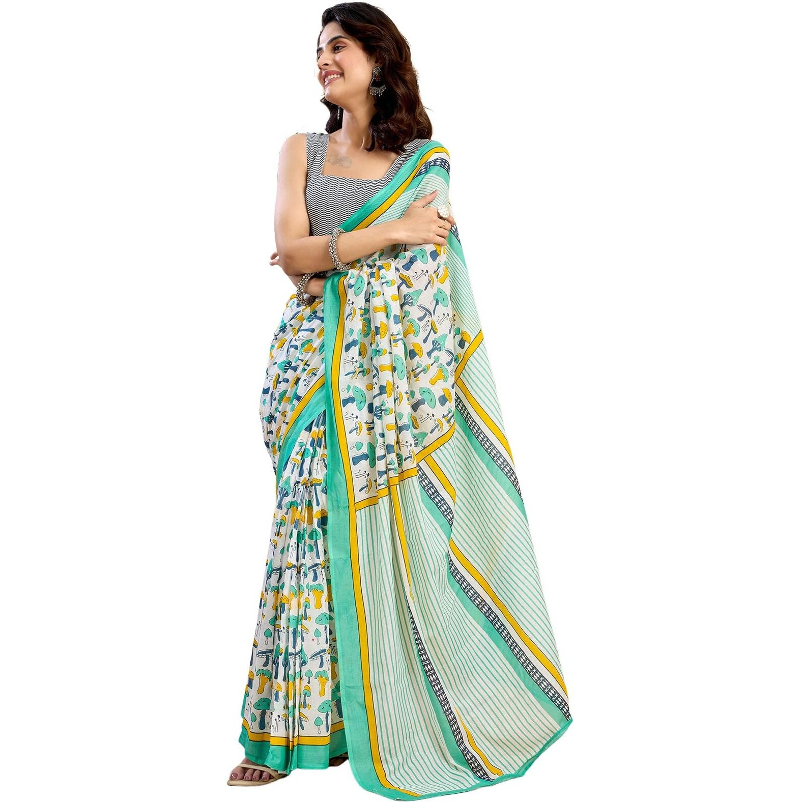 Satrani Women's Pure Cotton Printed Ready To Wear Saree With Pocket And Unstitched Blouse Piece (40Rs158_White &Multi)
