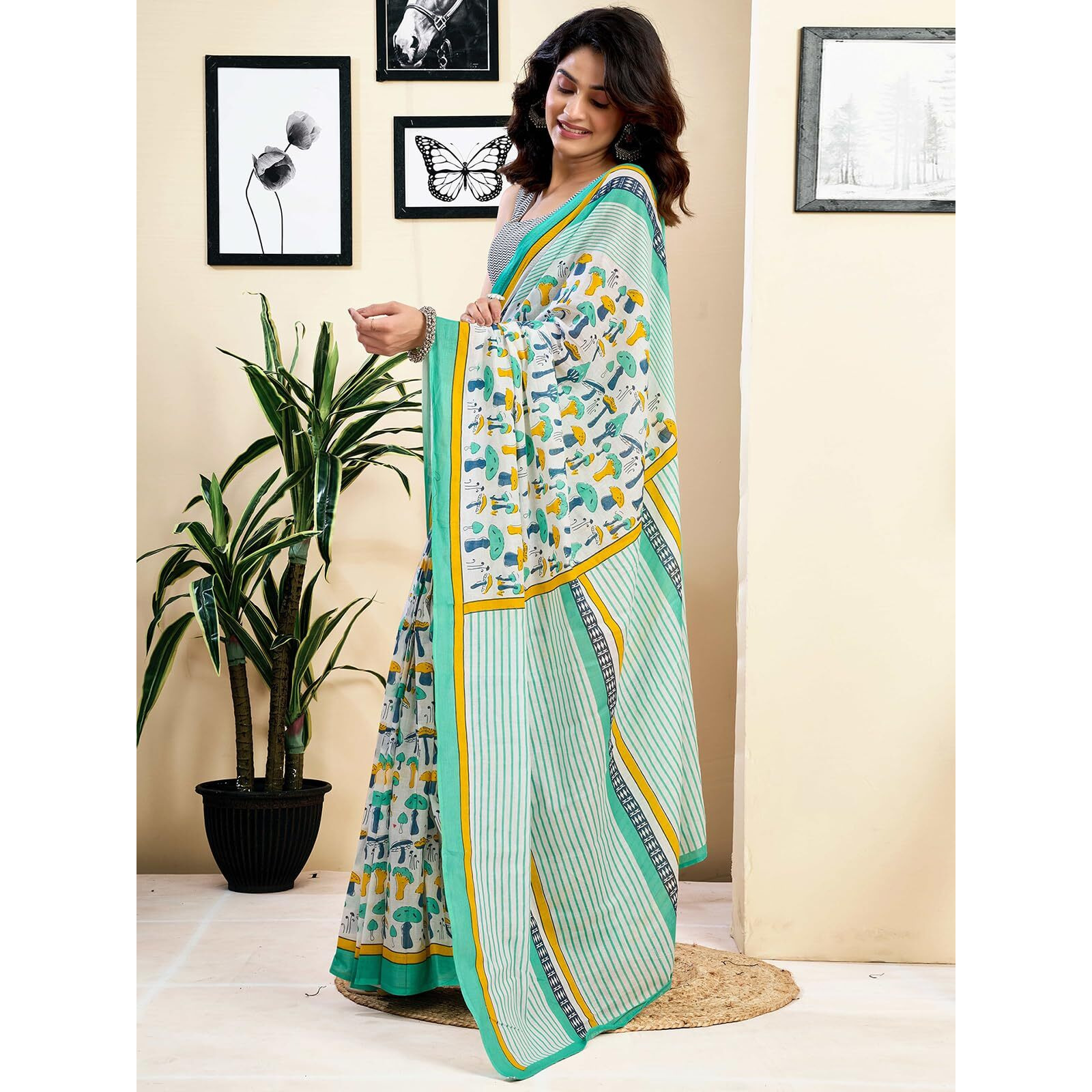 Satrani Women's Pure Cotton Printed Ready To Wear Saree With Pocket And Unstitched Blouse Piece (40Rs158_White &Multi)