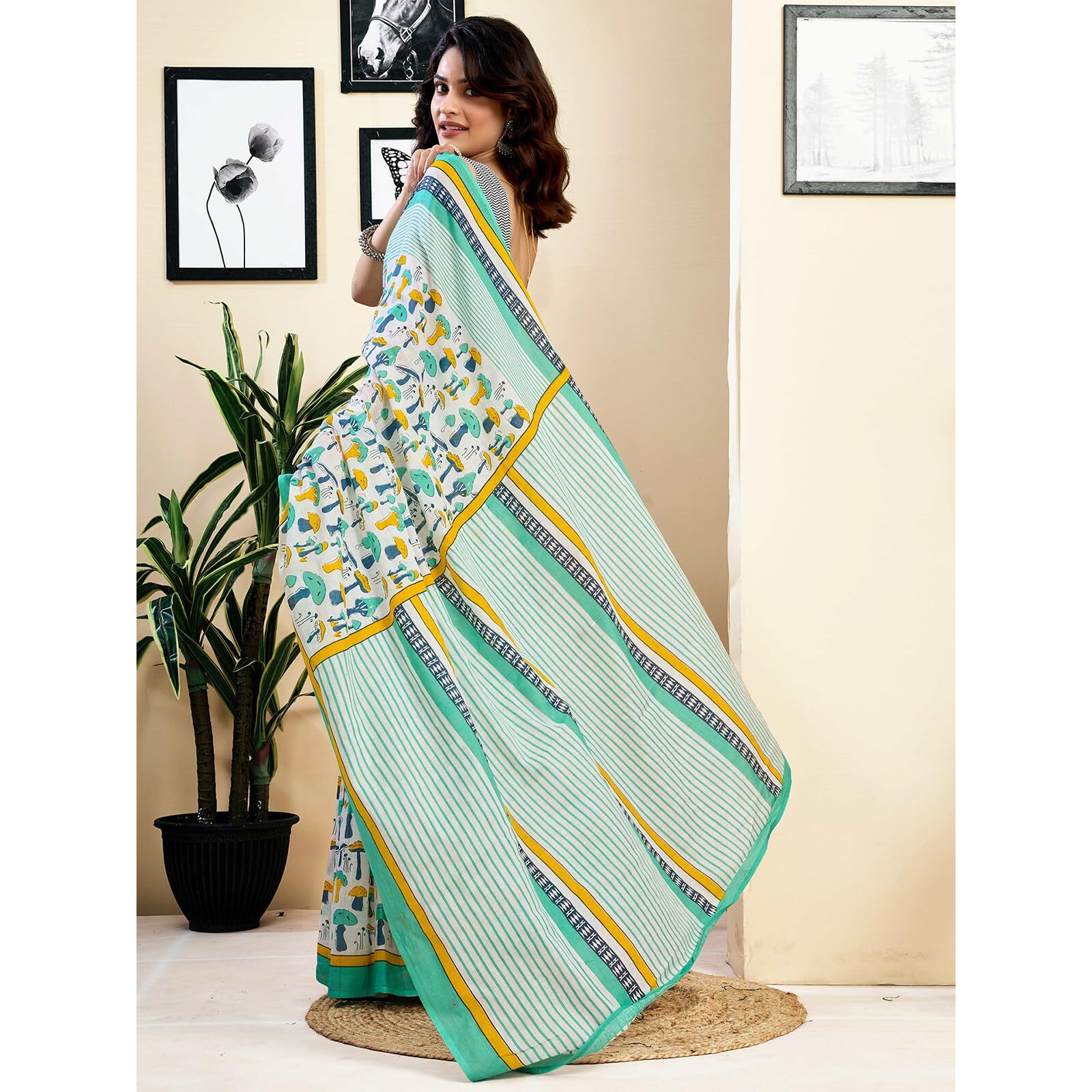 Satrani Women's Pure Cotton Printed Ready To Wear Saree With Pocket And Unstitched Blouse Piece (40Rs158_White &Multi)