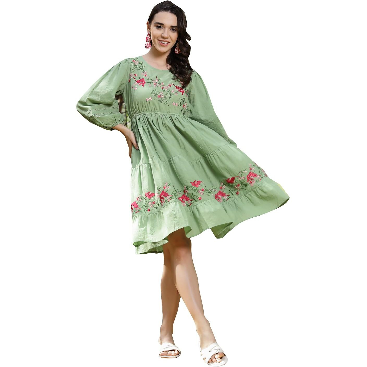 Stylum Women's Solid & Embroidered Cotton Tiered Dress (Drspistaleeta40_Pista Green, L)