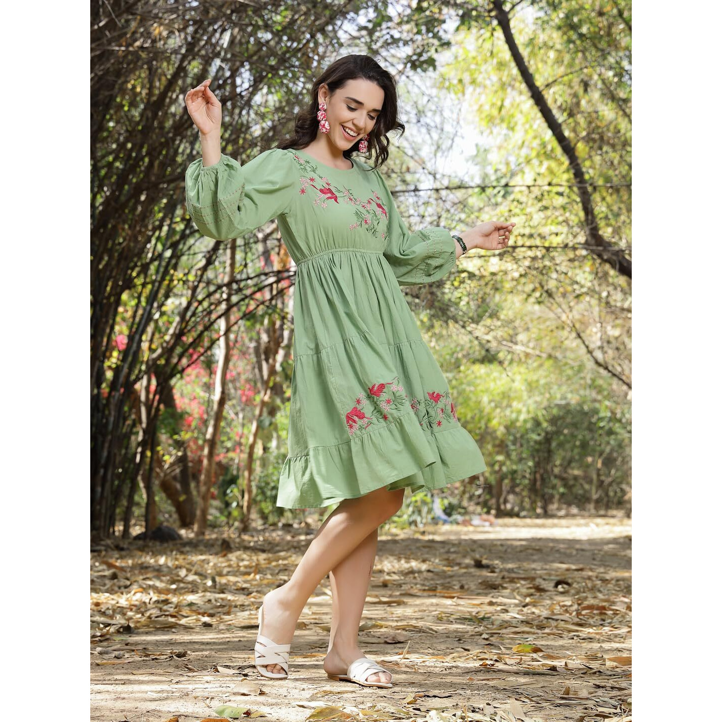 Stylum Women's Solid & Embroidered Cotton Tiered Dress (Drspistaleeta40_Pista Green, L)