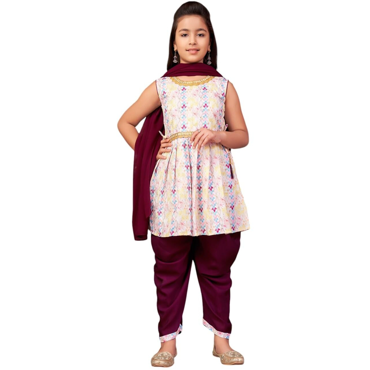 Aarika Girls Ethnic Wear Purple-White Colour Sequin Embroidery Lace Work Polycrepe Kurti Patiala Set With Dupatta-3-13 Years (Pt-5010)