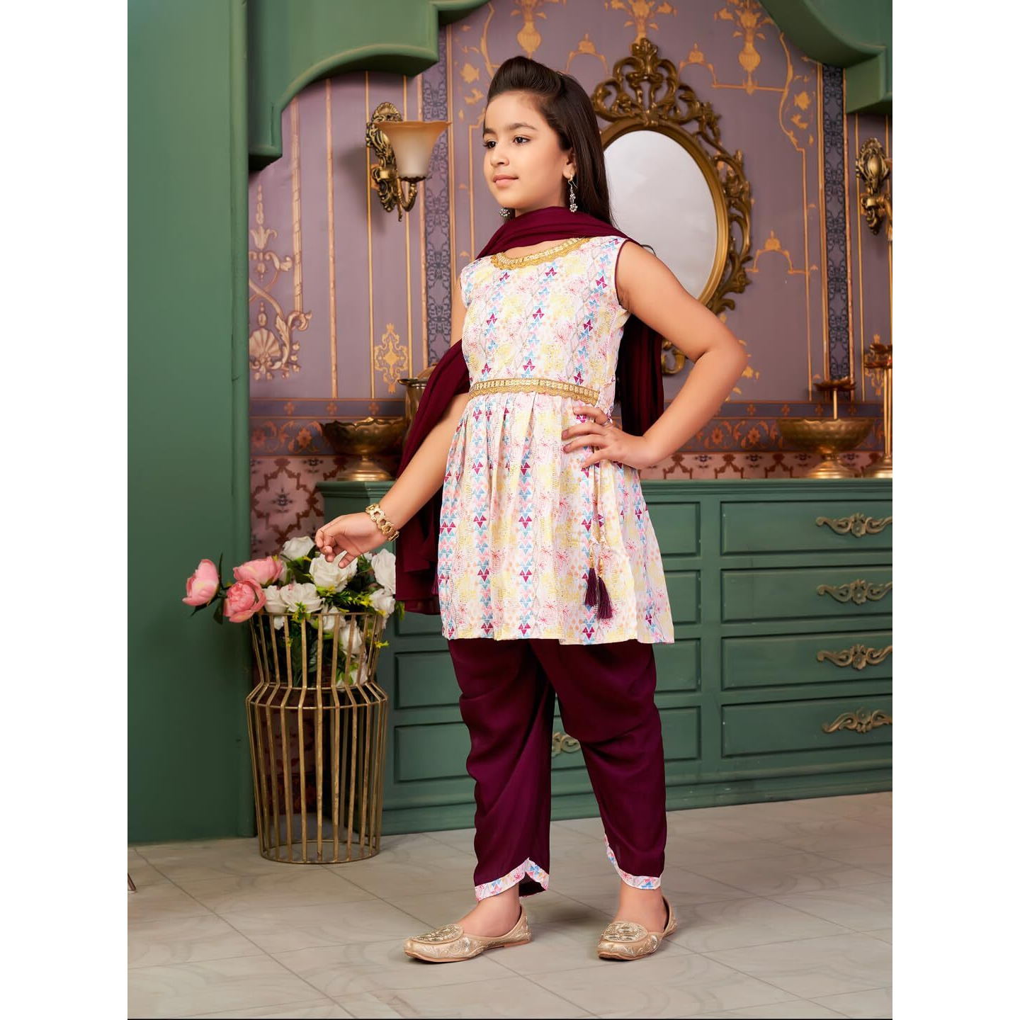 Aarika Girls Ethnic Wear Purple-White Colour Sequin Embroidery Lace Work Polycrepe Kurti Patiala Set With Dupatta-3-13 Years (Pt-5010)