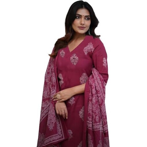 Anni Designer Women's Rayon Viscose Straight Printed Kurta With Pant & Dupatta (Kanisha Wine_L_Wine_Large)