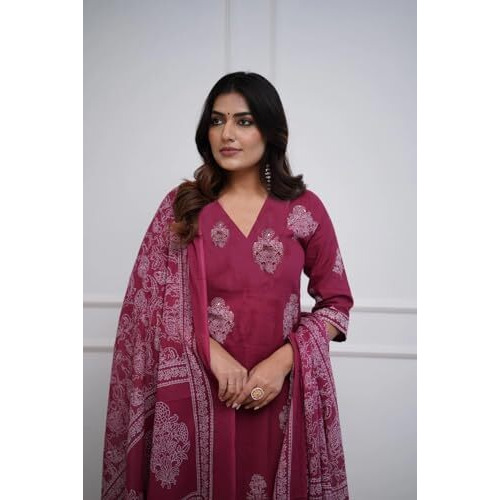 Anni Designer Women's Rayon Viscose Straight Printed Kurta With Pant & Dupatta (Kanisha Wine_L_Wine_Large)