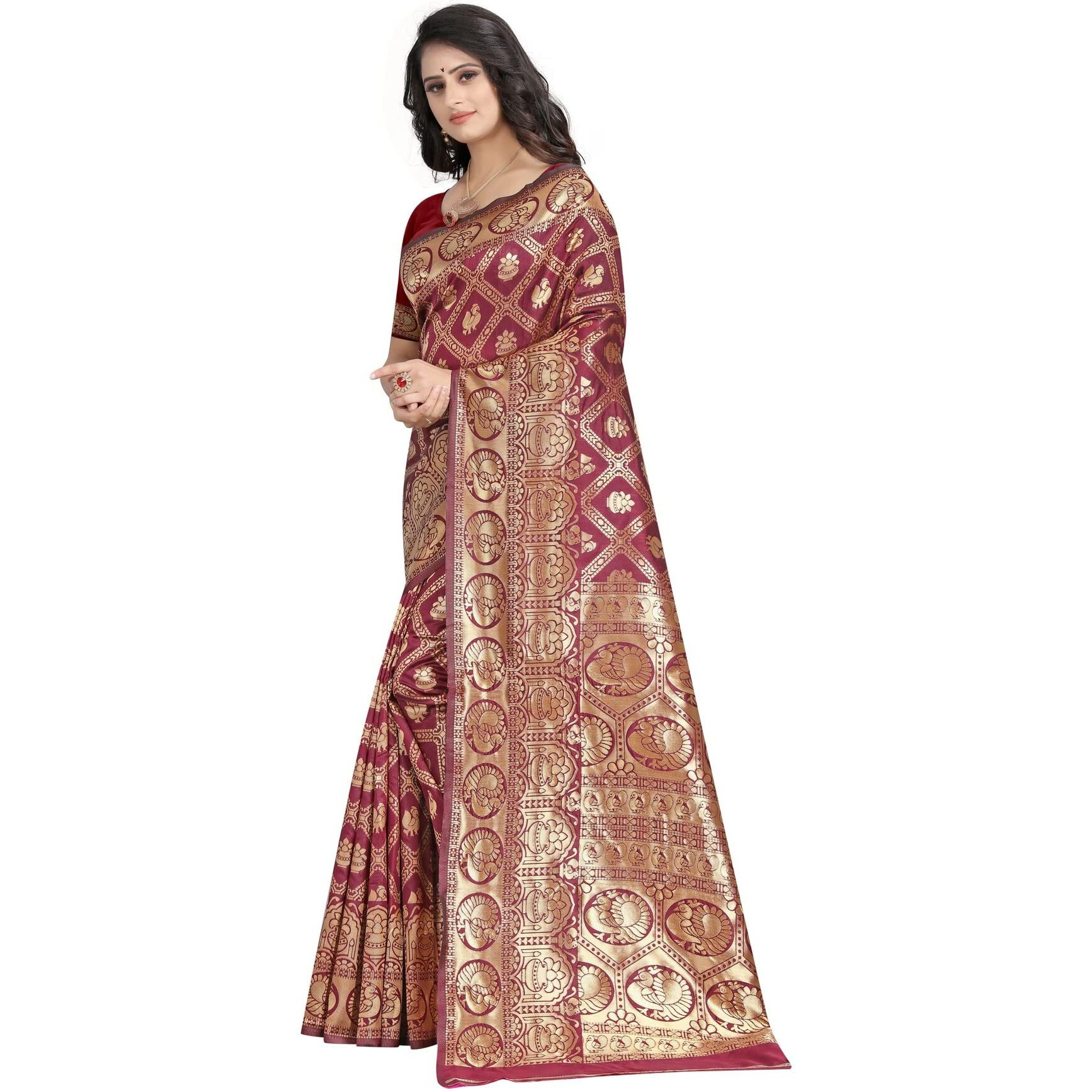 Flosive Women's Kanjivaram Latest Pure Zari Woven Soft Silk Saree With Blouse (Maroon)