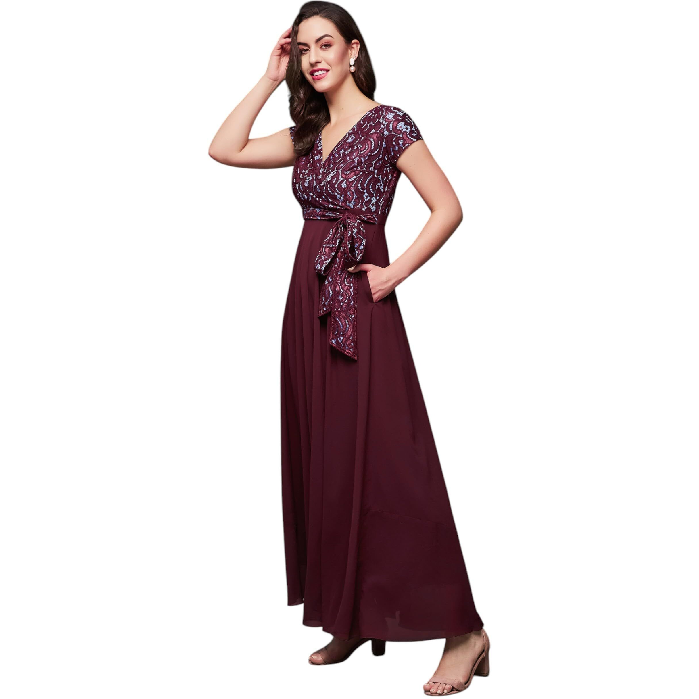 Miss Chase Women's V-Neck Short Sleeve Maxi Dress (Mcss25D93-29-630-07, Malbec Wine, 2Xl)
