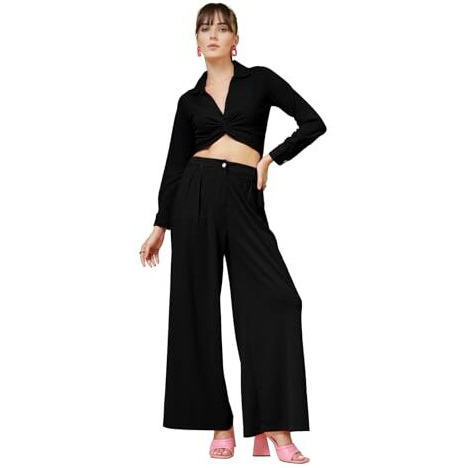 Oomph Women's Stretchable Lycra Top And Trouser Pant Set |Two Piece Co-Ord Set | Wester Wear Regular Fit | Stylish Multipurpose Top - Bottom Pair - Black