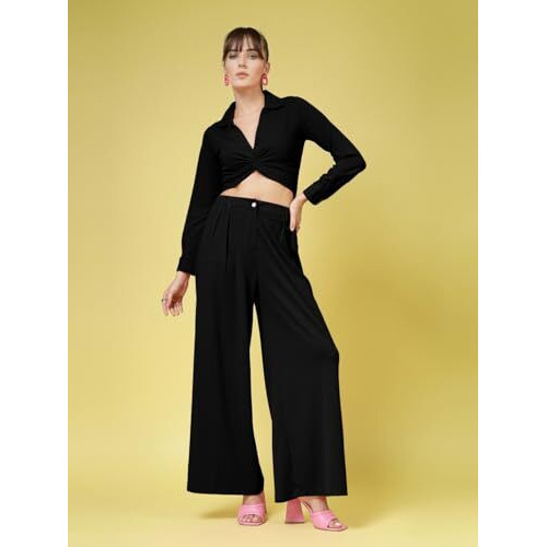 Oomph Women's Stretchable Lycra Top And Trouser Pant Set |Two Piece Co-Ord Set | Wester Wear Regular Fit | Stylish Multipurpose Top - Bottom Pair - Black