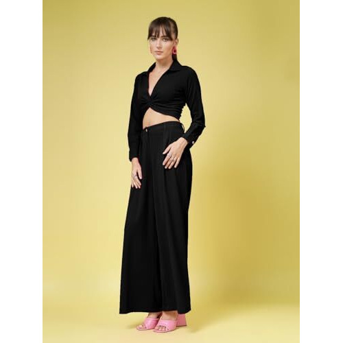 Oomph Women's Stretchable Lycra Top And Trouser Pant Set |Two Piece Co-Ord Set | Wester Wear Regular Fit | Stylish Multipurpose Top - Bottom Pair - Black