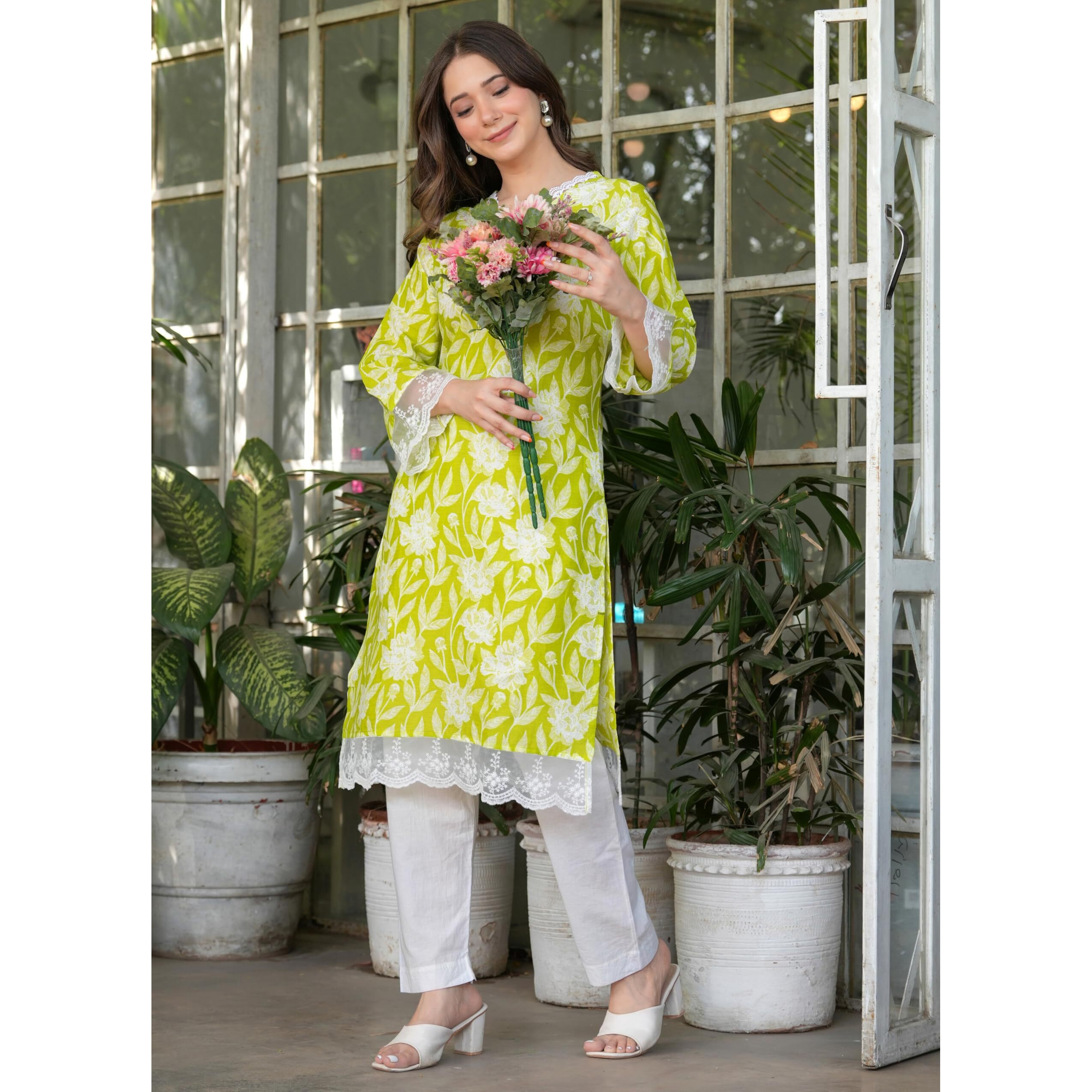 Rytras Women's Pure Cotton Printed Ethnic Wear Straight Kurta(Ryt631,Green,L)