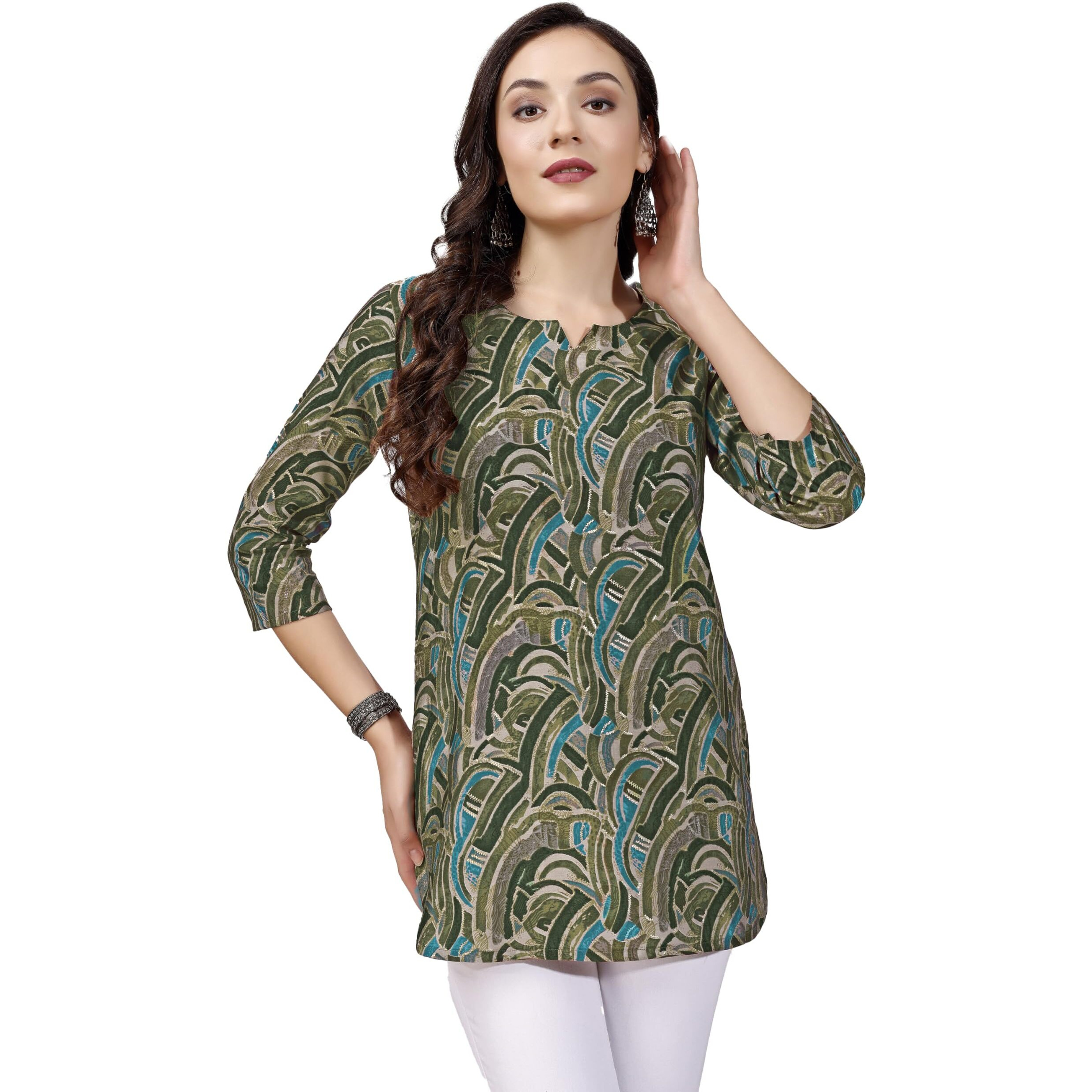 Shienzy Women's Rayon Abstract Regular Kurta Top (Shz1598_Forest Green