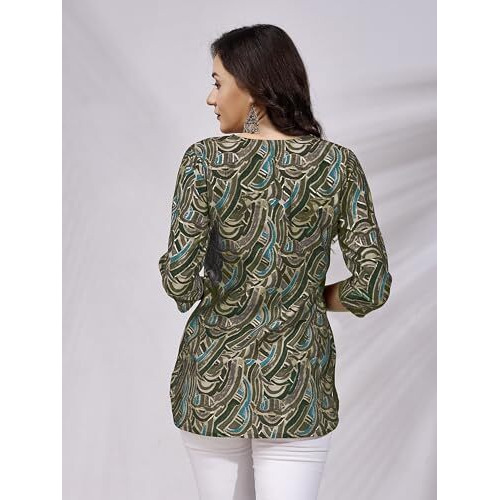 Shienzy Women's Rayon Abstract Regular Kurta Top (Shz1598_Forest Green