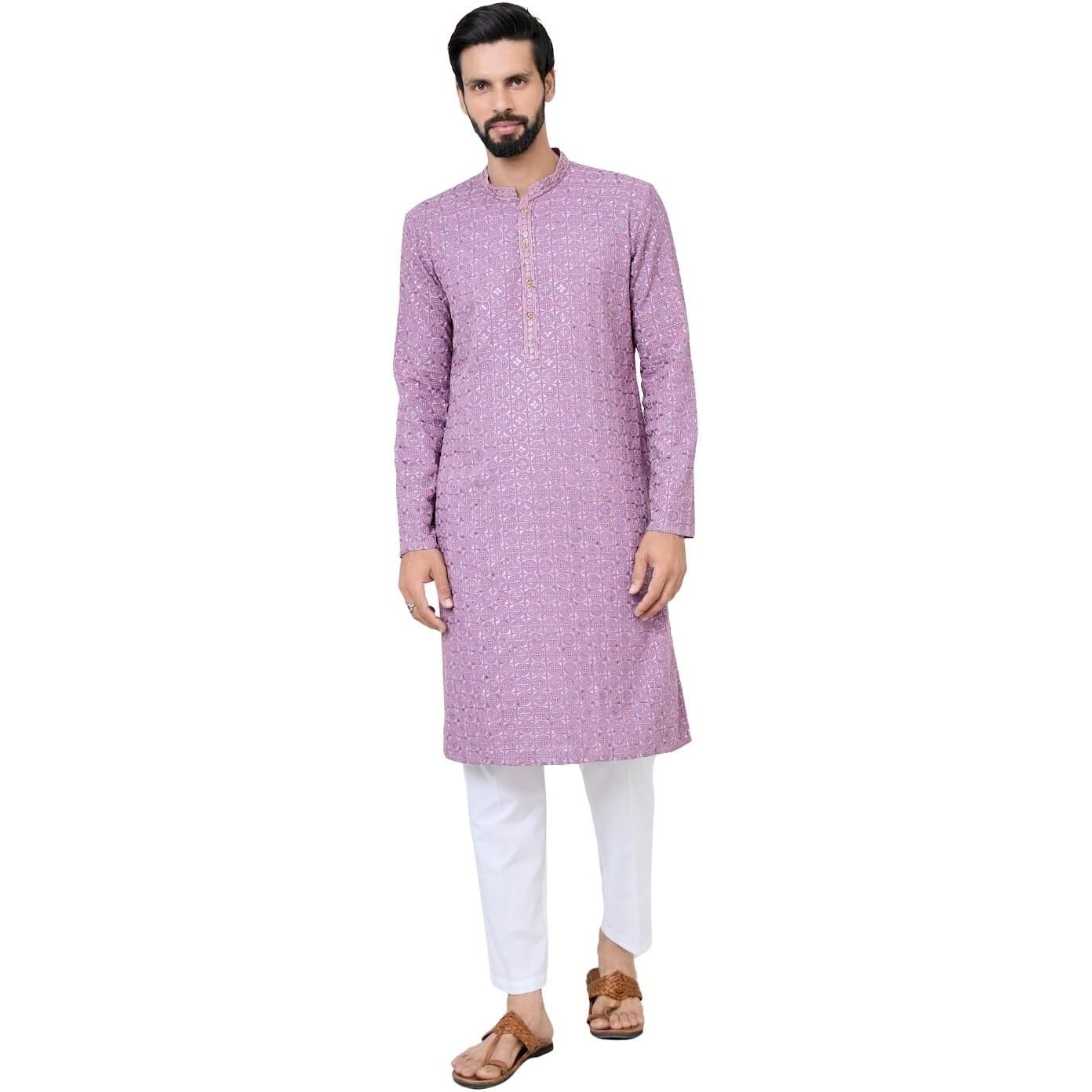 See Designs Men's Full Sleeve Mandarin Collar Men Lavender Embroidered Mandarin Collar Straight Kurta - Sdkt2896M