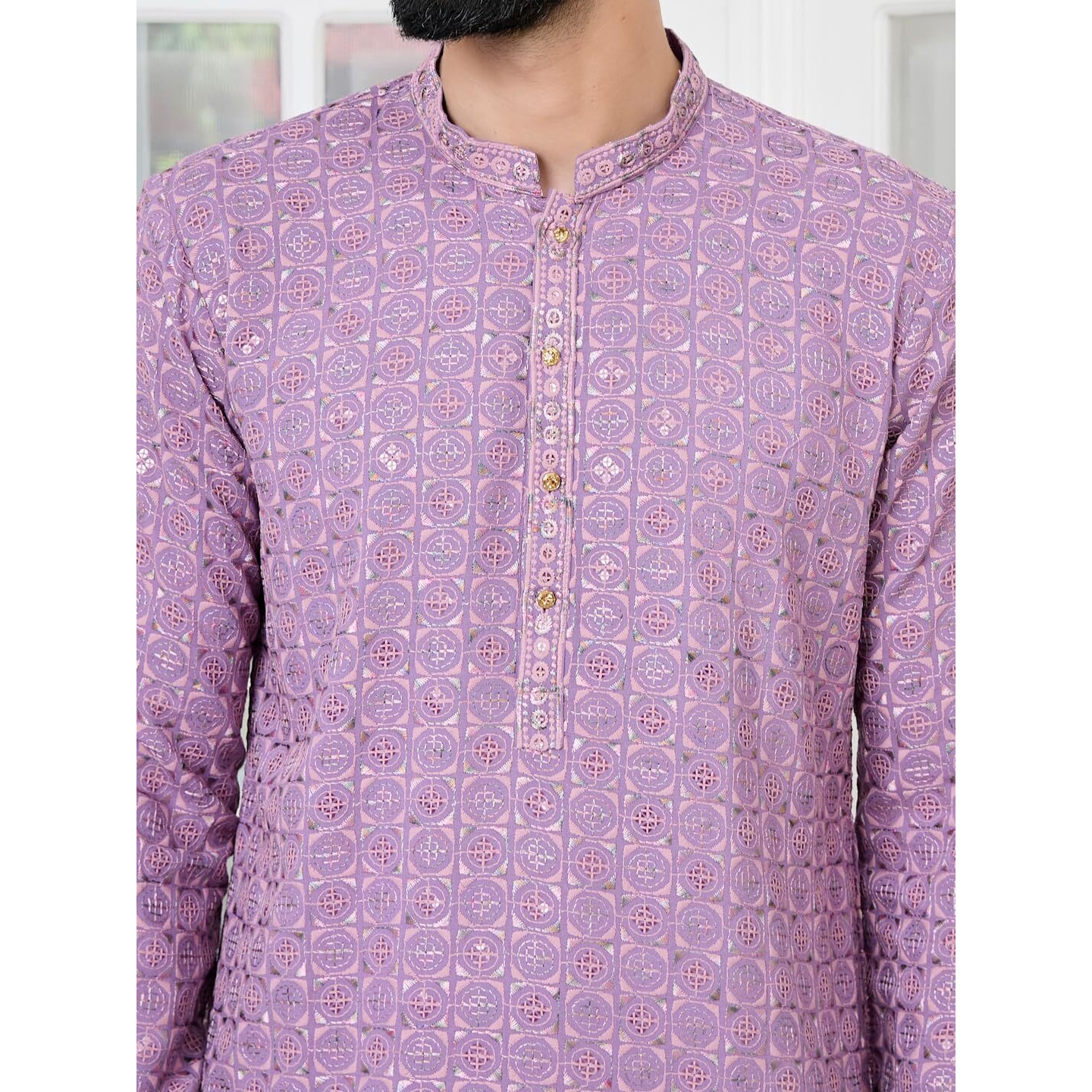 See Designs Men's Full Sleeve Mandarin Collar Men Lavender Embroidered Mandarin Collar Straight Kurta - Sdkt2896M