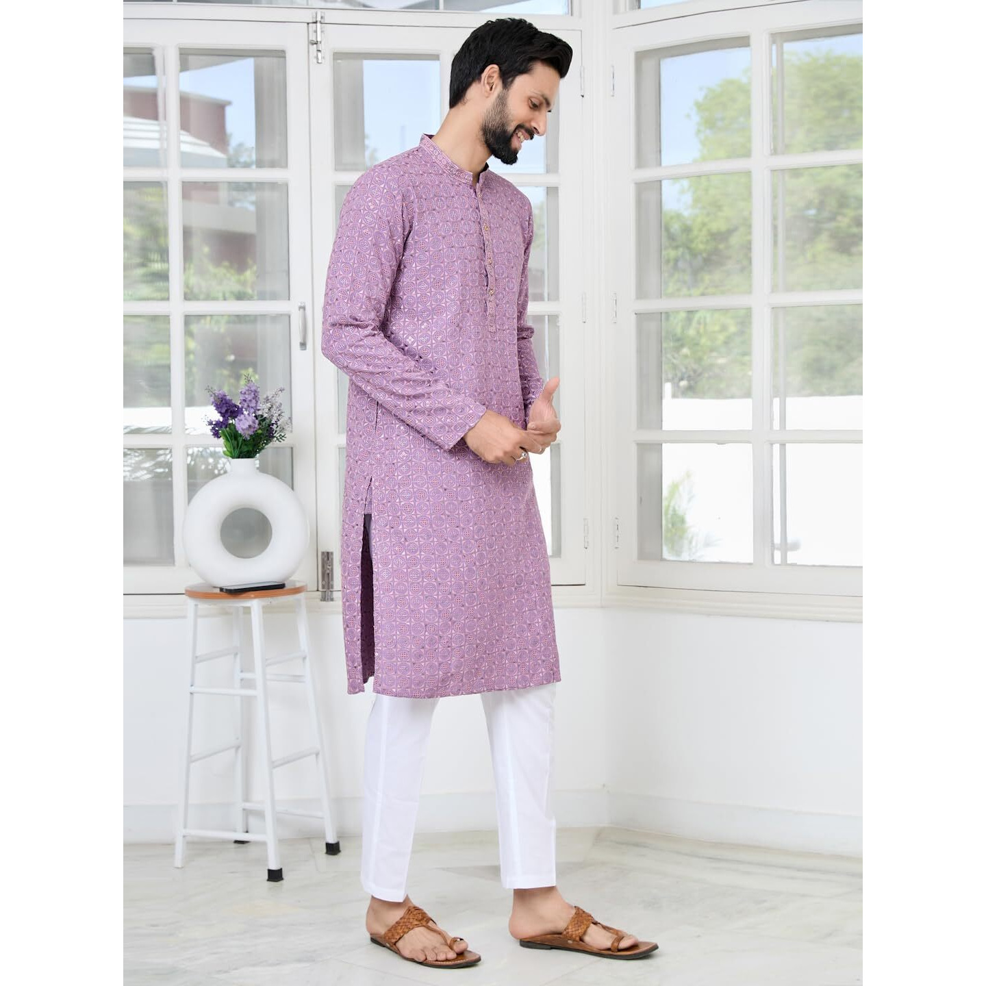 See Designs Men's Full Sleeve Mandarin Collar Men Lavender Embroidered Mandarin Collar Straight Kurta - Sdkt2896M