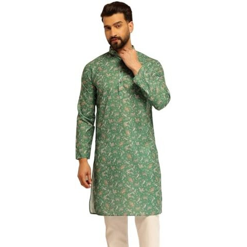 Sojanya (Since 1958 Men's Cotton Blend Printed Green Long Kurta