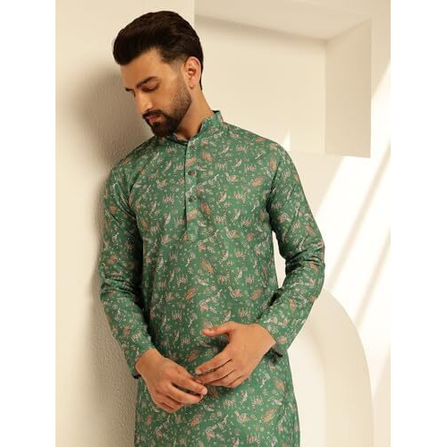 Sojanya (Since 1958 Men's Cotton Blend Printed Green Long Kurta