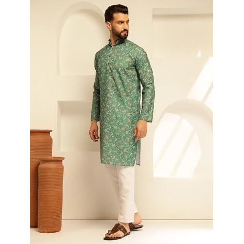 Sojanya (Since 1958 Men's Cotton Blend Printed Green Long Kurta