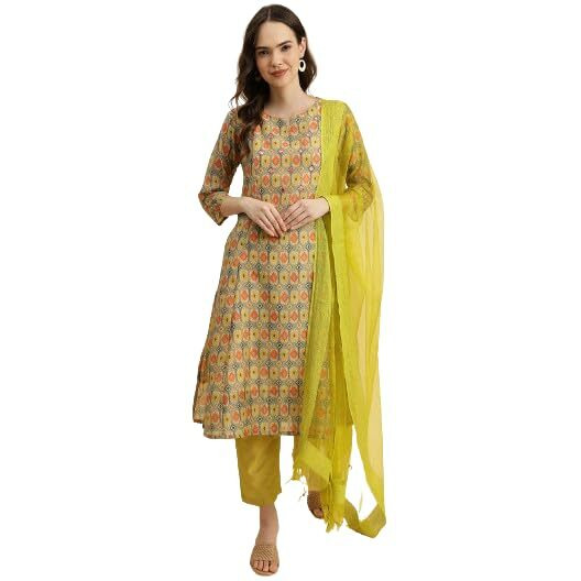 Varanga Ikat Printed A-Line Mirror Embroidered Kurta Paired With Straight Trouser And Dupatta