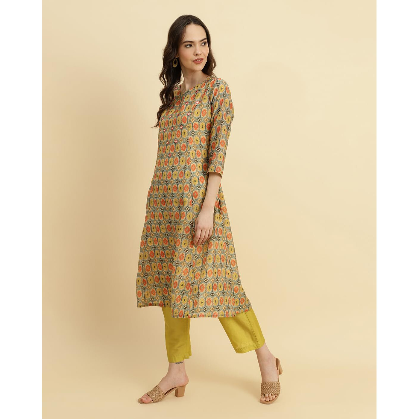 Varanga Ikat Printed A-Line Mirror Embroidered Kurta Paired With Straight Trouser And Dupatta