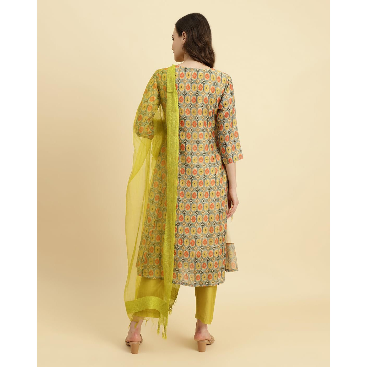 Varanga Ikat Printed A-Line Mirror Embroidered Kurta Paired With Straight Trouser And Dupatta