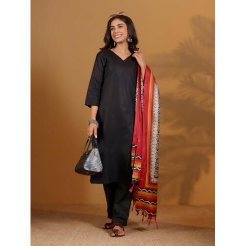 Varanga Women's Black V-Neck Straight Fit Kurta Set With Ankle-Length Trouser & Ethnic Kalamkari Printed Dupatta (Extra Large)