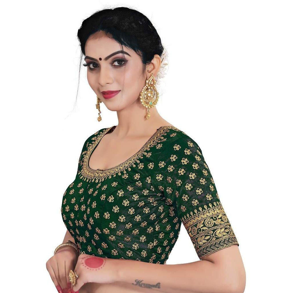 Xomantic Fashion Women's Satin Embroidered Half Sleeve Blouse (Xf-2107_Green_Free Size)