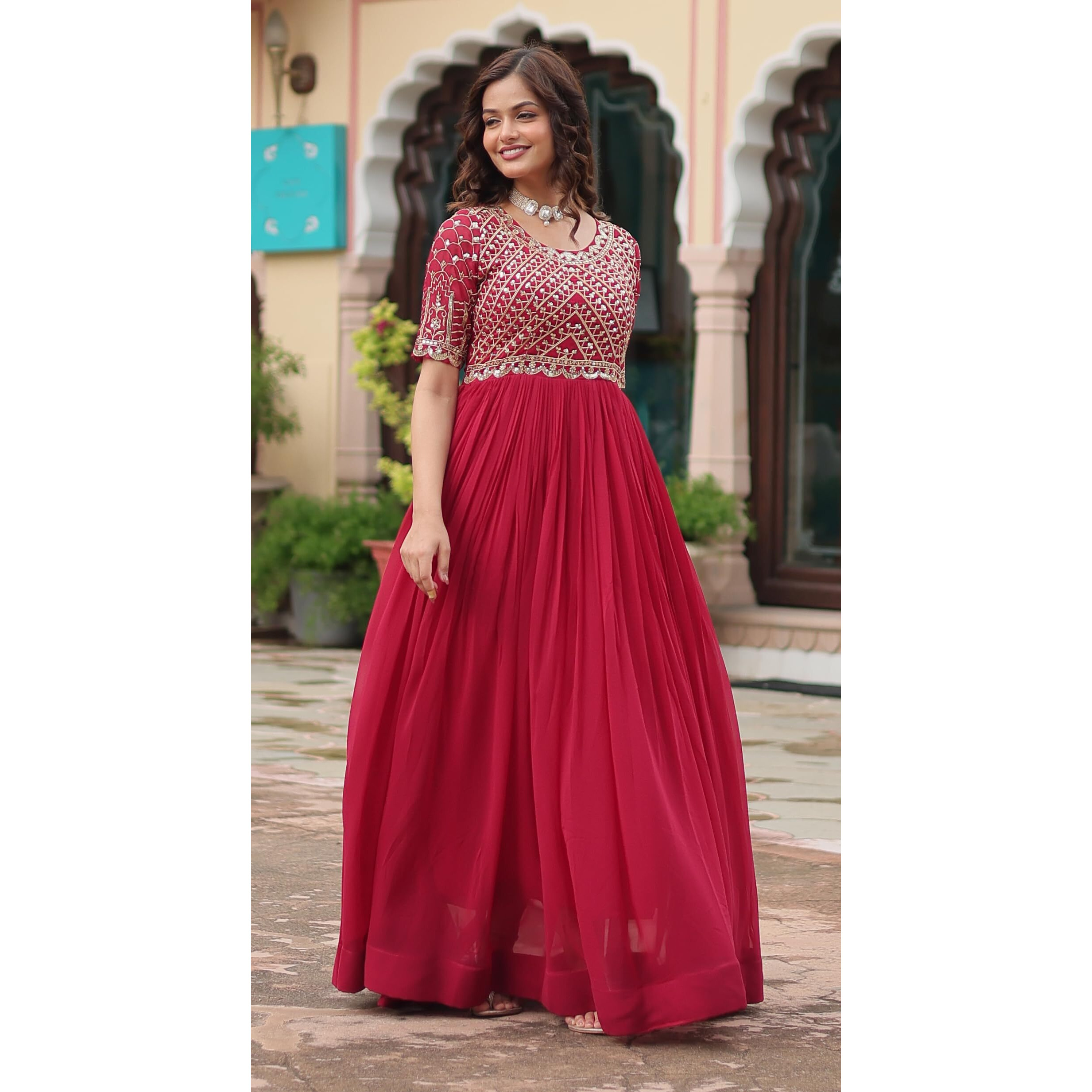 Wedani Faux Georgette Sequins-Work Anarkali Kurta Set For Women (In, Alpha, Xl, Regular, Red)