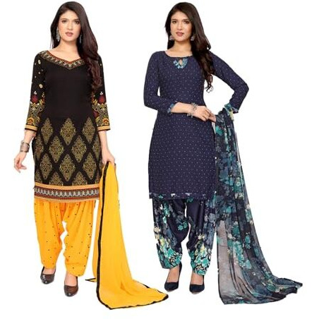 Yashika Women's Crepe Dress Material Set For Women | Unstitched Printed Fabric For Kurta Bottom & Dupatta (Ys-Himani Black-Blue Flower)