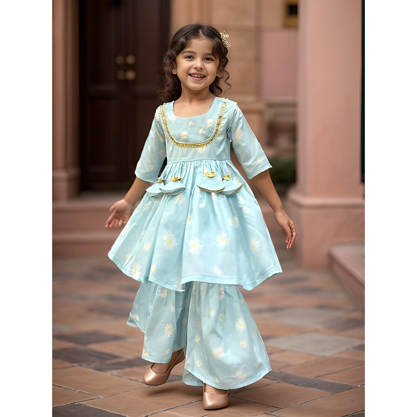 A.T.U.N. (All Things Uber Nice) A.T.U.N. Girls Ethnic Wear Sharara | Blue Printed Kurta With Sharara Set For Girls