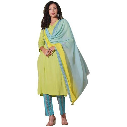 Anni Designer Women's Rayon Viscose Straight Solid Kurta With Pant & Dupatta (Zamkudi Lemon-Vks01_M_Green_Medium)