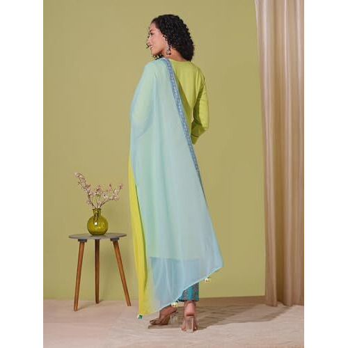 Anni Designer Women's Rayon Viscose Straight Solid Kurta With Pant & Dupatta (Zamkudi Lemon-Vks01_M_Green_Medium)